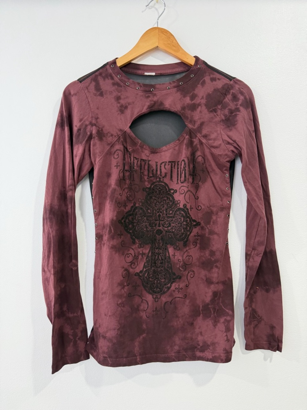 Affliction Y2K Grunge Studded Cross‎ Keyhole Cutout Mesh Back Top Goth Biker M